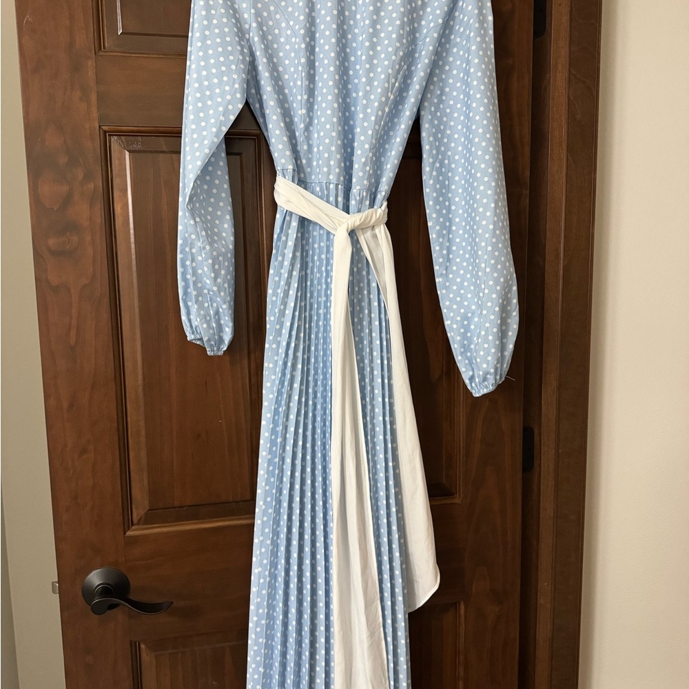 Blue Polka Dot Long Sleeve Dress with White Sash